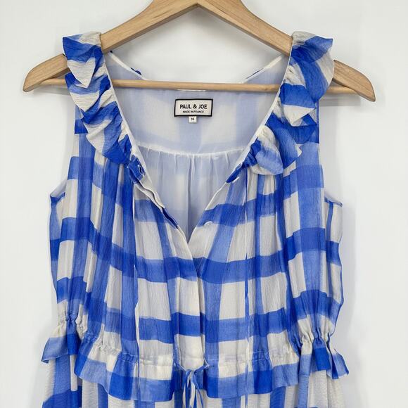 PAUL & JOE 100% Silk Charisme Dress Sleeveless Ruffle Gingham Plaid Maxi - Picture 12 of 16